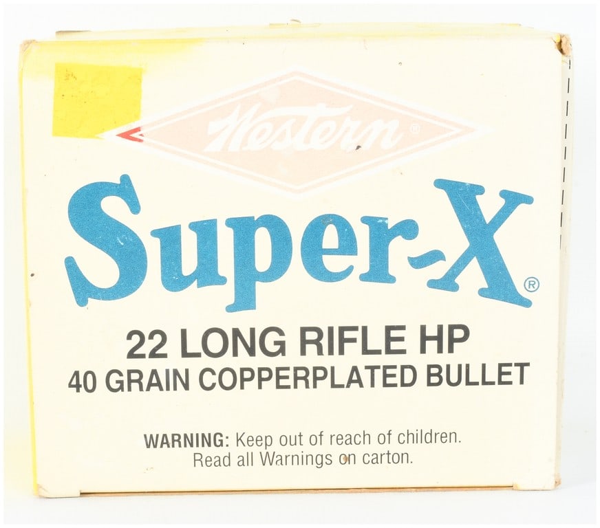 A Lot of 400 Rounds Western Super-X .22 Long Rifle HP Rimfire Ammunition: This lot consists of 400 rounds of Western Super-X .22 Long Rifle HP rimfire ammunition, housed in ten individual boxes of 40 cartridges each within an outer cardboard carton. Each cartridge is config