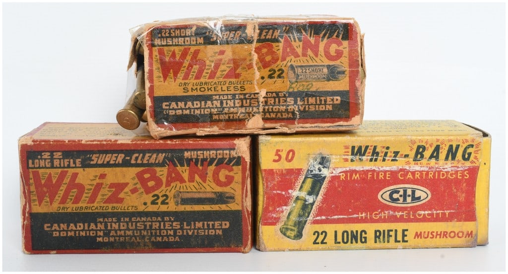 Canadian Industries Limited Whiz-BANG .22 Caliber Rimfire Ammunition Lot of 140 Rounds: This collection consists of 140 rounds of rimfire ammunition manufactured by Canadian Industries Limited (CIL) and its Dominion Ammunition Division in Montreal, Canada. The lot includes three individu