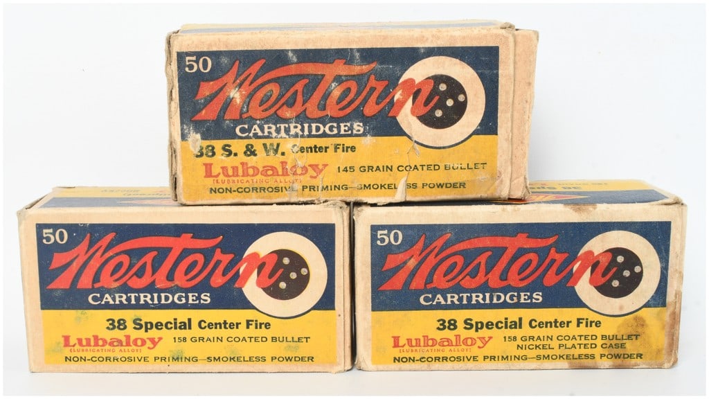Western Cartridge Company Lubaloy .38 S&W and .38 Special Ammunition 145 Rounds: This lot consists of a collection of 145 rounds of vintage Western Cartridge Company ammunition. The grouping includes .38 S.&W. Center Fire cartridges featuring 145-grain Lubaloy coated bullets and .