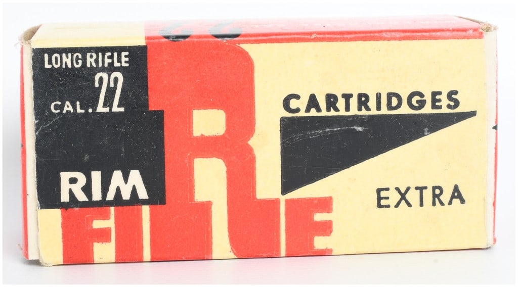 Nitron Extra .22 Long Rifle Rimfire Ammunition 50 Rounds: This lot consists of a vintage 50-round box of .22 Long Rifle rimfire ammunition manufactured by Nitron in Poland and exported by Universal. The cartridges are constructed with brass casings and lead 