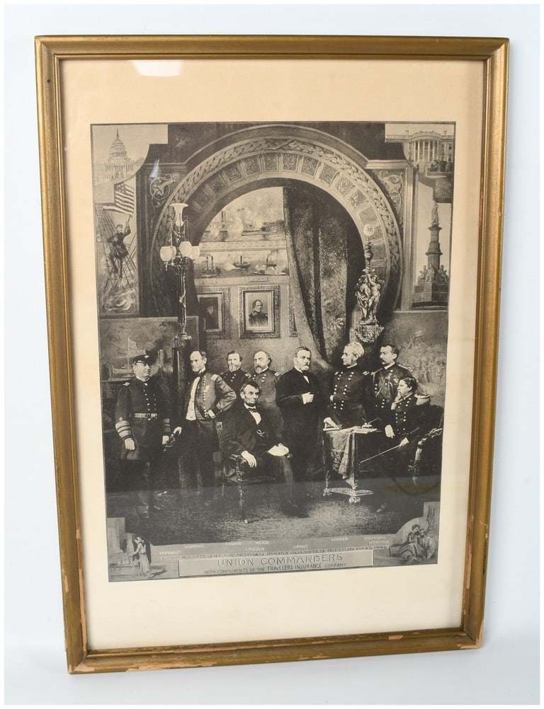 Notman Photo Co. 1884 Union Commanders Photomechanical Print: This 1884 photomechanical print, titled Union Commanders, depicts President Abraham Lincoln seated amongst a group of prominent Union military and naval leaders from the American Civil War. The indivi