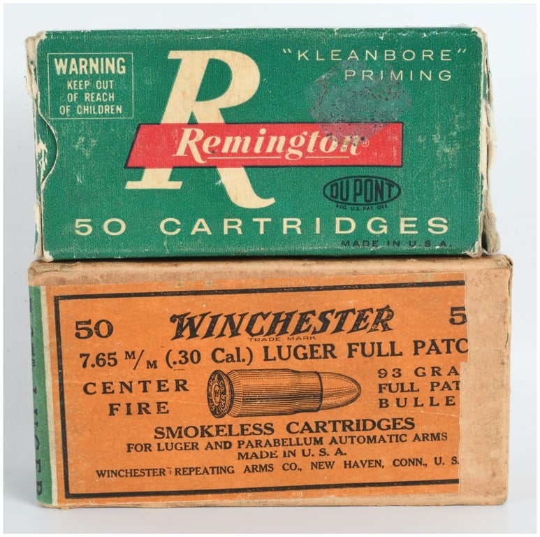 A Lot of 66 Rounds of Remington and Winchester 7.65mm Luger Ammunition: This lot features a collection of 66 rounds of vintage 7.65mm Luger, also commonly referred to as .30 Luger, centerfire ammunition split between two original manufacturer boxes. Included is one green 
