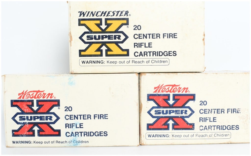 A Lot of 52 Rounds of Winchester and Western Super X Cartridges .222 Remington: This lot contains a group of 52 rounds of centerfire rifle ammunition chambered in .222 Remington. The collection is housed in three original cardboard boxes, featuring one Winchester Super X box and 