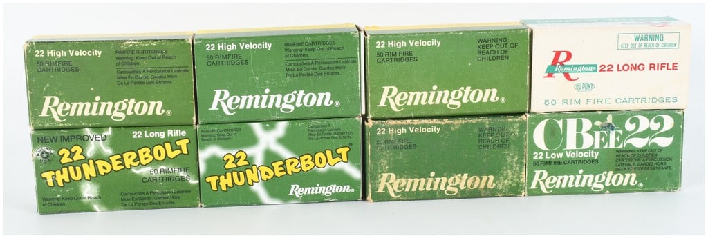 A Lot of 392 Rounds of Remington .22 Rimfire Ammunition: This lot features a total of 392 rounds of vintage Remington rimfire ammunition across eight original cardboard boxes. The collection includes three boxes of .22 Short High Velocity (product code 1022