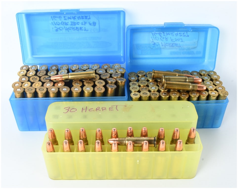 A Collection of 123 Rounds of Remanufactured .30 Herrett Ammunition: This lot consists of 123 rounds of reman .30 herret ammunition, custom handloaded and presented in three plastic storage boxes. The cartridges are formed from parent .30-30 Winchester brass, a common 