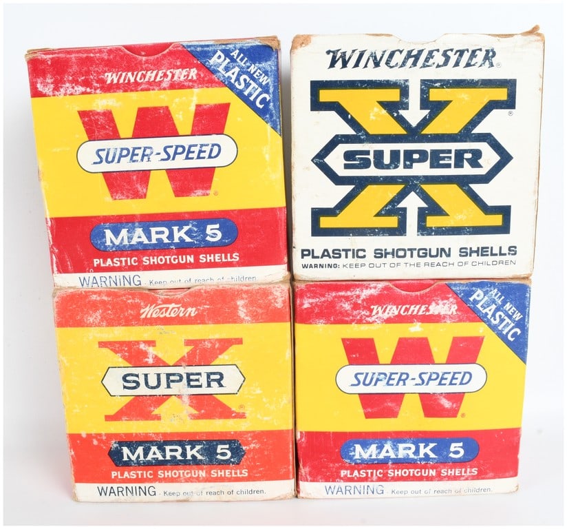 Winchester and Western Super-X and Super-Speed Mark 5 Shotgun Ammunition 12 Gauge Lot of 90 Rounds: This lot consists of a collection of 90 rounds of 12 gauge shotgun ammunition housed in four vintage 25-count boxes from Winchester and Western. The grouping includes two Winchester Super-Speed Mark 5
