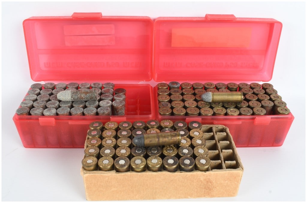 A Lot of 130 Rounds of Winchester and Remington-UMC .38 Long Colt Ammunition: This lot comprises 130 rounds of .38 Long Colt centerfire ammunition produced by the Winchester Repeating Arms Company and the Remington-Union Metallic Cartridge Company. The collection is organized i