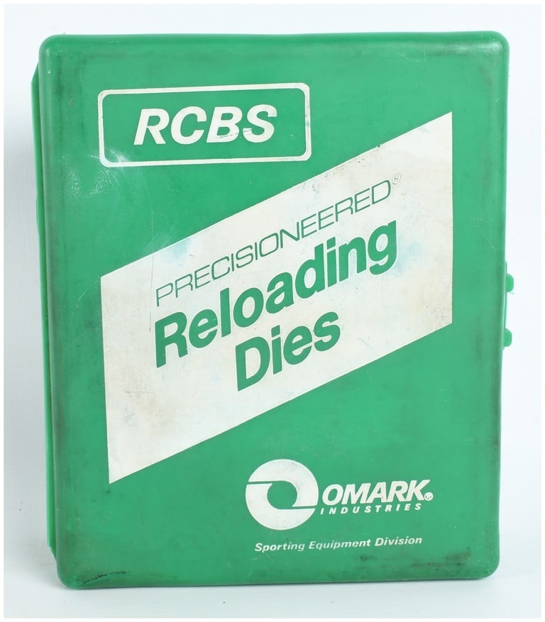 A Pair of RCBS Mark II Reloading Dies .30-06 Springfield: This set of RCBS Mark II reloading dies is designed for the .30-06 Springfield cartridge and is housed in its original green plastic Precisioneered storage box from the Omark Industries Sporting Equip