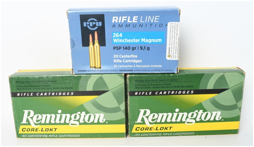 A Lot of 57 Rounds of Remington and PPU .264 Winchester Magnum Rifle Ammunition: This lot features a collection of 57 rounds of .264 Winchester Magnum centerfire rifle ammunition from two recognized manufacturers. The inventory consists of 20 rounds of Prvi Partizan (PPU) Rifle Li