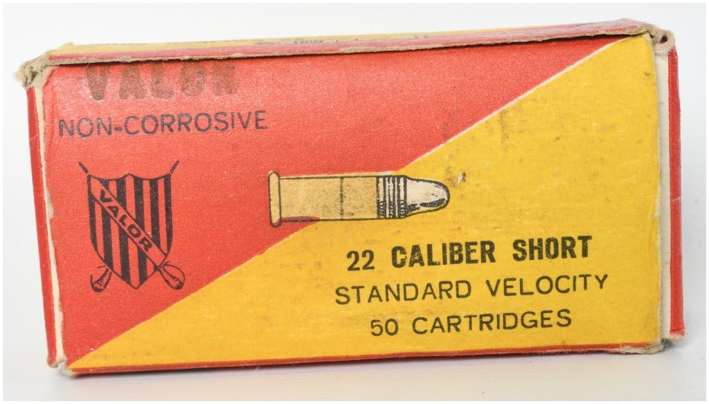 A Lot of 48 Valor .22 Caliber Short Rimfire Ammunition Rounds: A partial box containing 48 rounds of .22 caliber short rimfire ammunition imported under the Valor brand name. These standard velocity cartridges feature lead round-nose projectiles seated in copper-