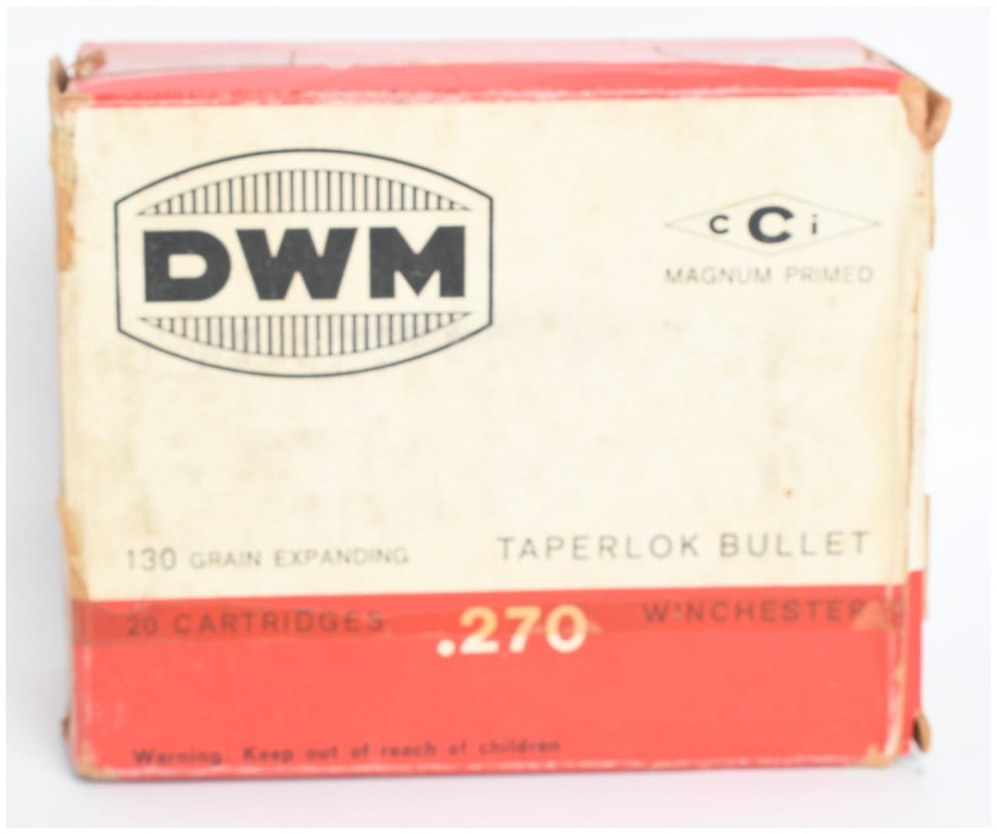 A Lot of 20 DWM Taperlok .270 Winchester Rifle Cartridges: This lot consists of twenty centerfire rifle cartridges manufactured by Deutsche Waffen- und Munitionsfabriken (DWM), chambered in .270 Winchester. Each cartridge is loaded with a 130-grain expanding 