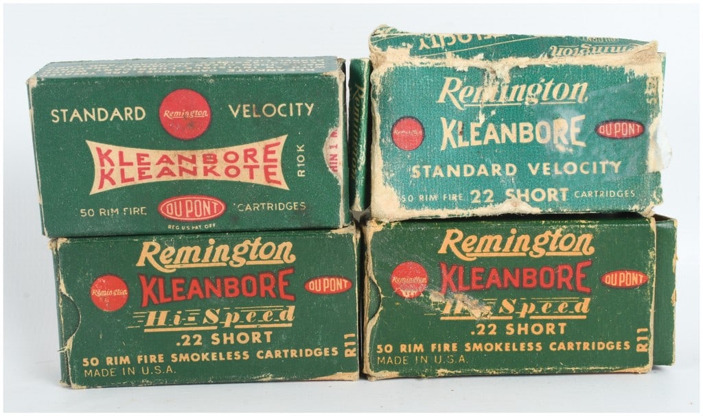 A Lot of 165 Rounds of Remington Kleanbore .22 Short Ammunition: This lot features 165 rounds of Remington Kleanbore .22 Short rimfire ammunition housed in four original cardboard boxes. The group includes one box of Standard Velocity Kleankote marked with code R10