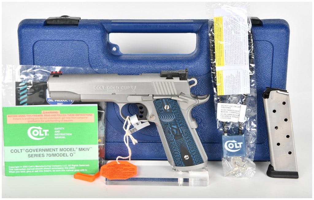 Colt Gold Cup Trophy Semi-Automatic Pistol .45 ACP with 5 Inch Barrel: This is a single Colt Gold Cup Trophy semi-automatic pistol chambered in .45 ACP, configured as a high-performance target and competition firearm. It is equipped with a 5-inch National Match barrel wi