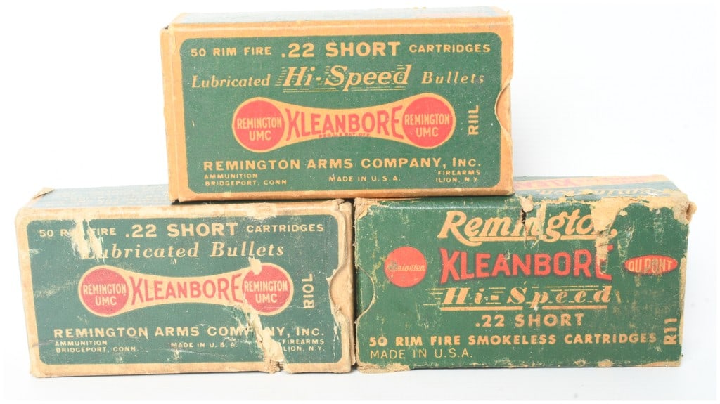 Remington Kleanbore Hi-Speed Ammunition .22 Short 126 Rounds: This lot consists of a group of 126 rounds of .22 Short rimfire ammunition contained in three original period cardboard boxes. Two of the boxes feature a green and tan design labeled Lubricated Hi-Spe