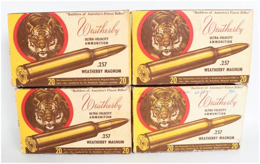 A Lot of 80 Weatherby .257 Weatherby Magnum Brass Casings for Reloading: This lot comprises 80 count of empty Weatherby .257 Magnum brass casings for reloading, contained within four original manufacturer boxes. These casings are designed for the .257 Weatherby Magnum cart