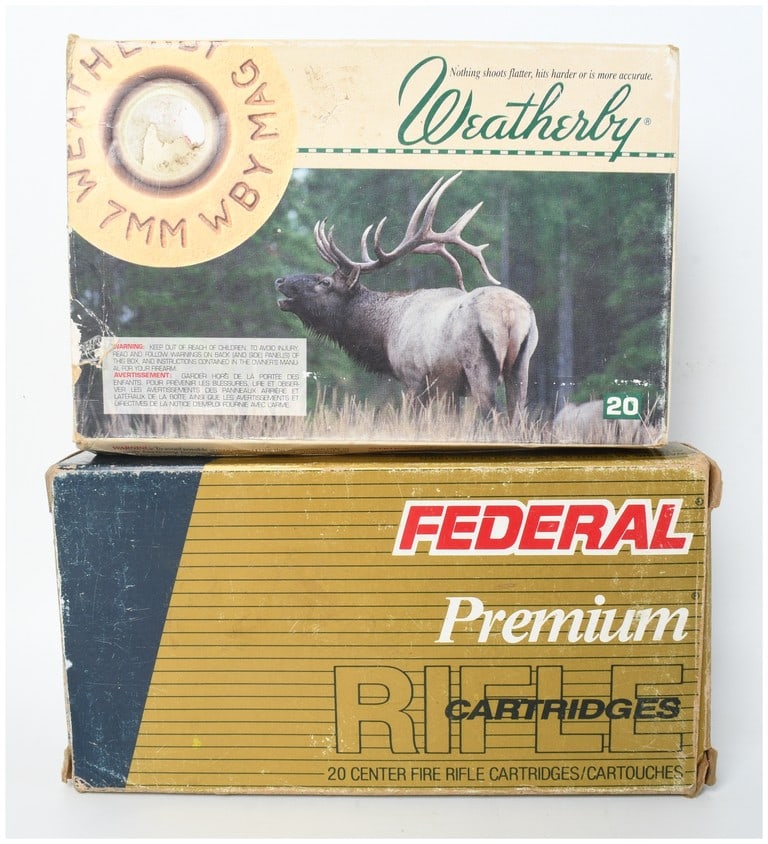 A Lot of 35 Rounds of Weatherby and Federal 7mm Weatherby Magnum Centerfire Rifle Ammunition: This lot consists of two boxes containing a total of 35 rounds of 7mm Weatherby Magnum centerfire rifle ammunition from manufacturers Weatherby and Federal. The Weatherby brand box is marked for 154-g