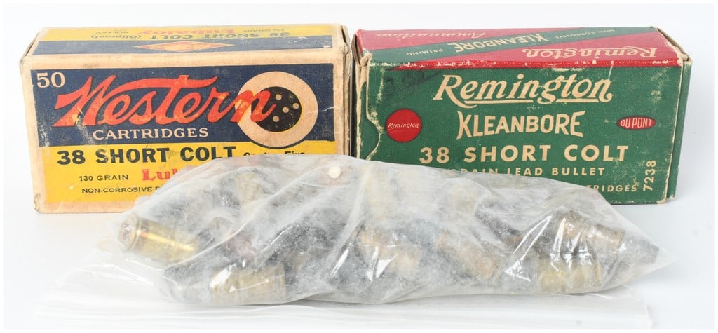 A Lot of 132 Rounds of Western and Remington .38 Short Colt Ammunition: This collection consists of a lot of 132 rounds of .38 Short Colt ammunition, presented in two original partial boxes and a quantity of loose cartridges. The grouping includes a Western Cartridges yel