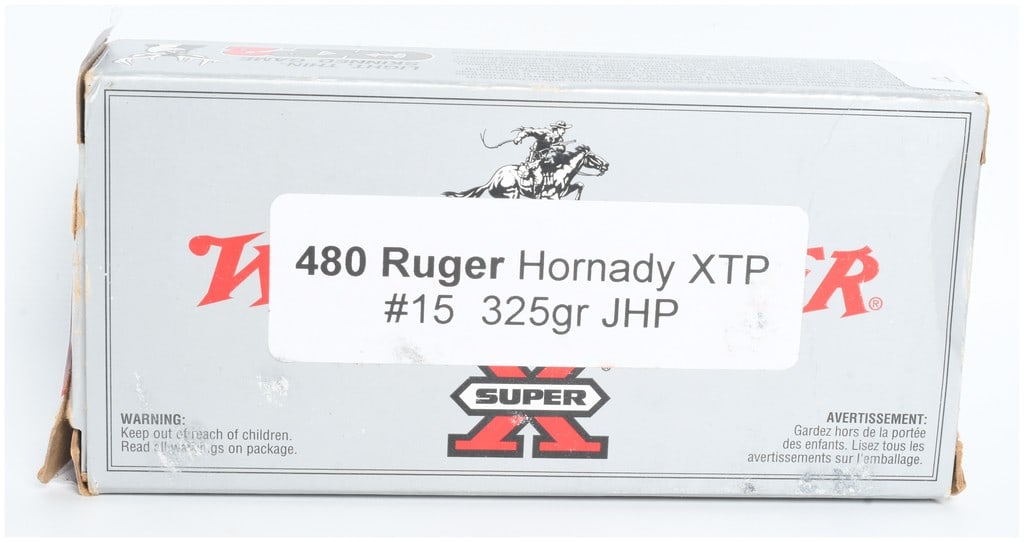 A Lot of 15 Rounds of Hornady .480 Ruger Ammunition: This lot features 15 rounds of .480 Ruger ammunition loaded with 325 grain Hornady XTP jacketed hollow point projectiles. The cartridges are contained in a Winchester Super-X cardboard box with an ide