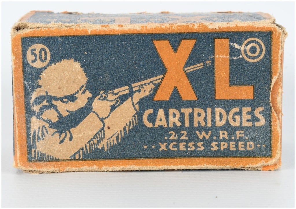 A Lot of 50 Rounds of Federal Cartridge Corp. XL Xcess Speed Rimfire Ammunition .22 W.R.F. 1937: A lot of 50 rounds of .22 W.R.F. Winchester Rimfire ammunition is presented in a vintage Federal Cartridge Corp. XL brand two-piece cardboard box. The packaging features a distinctive blue and orange 