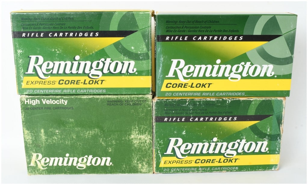 A Lot of 80 Rounds of Remington Express Core-Lokt Ammunition .280 Remington: This lot consists of 80 rounds of centerfire rifle ammunition chambered in .280 Remington, distributed across four original boxes containing 20 rounds each. The ammunition features 165-grain Core-Lokt