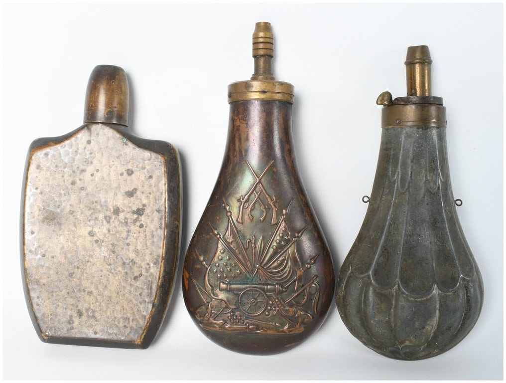 Three Mid-19th Century Powder Flasks including Patriotic Stand of Arms and Fluted Shell Designs (1 of 7)