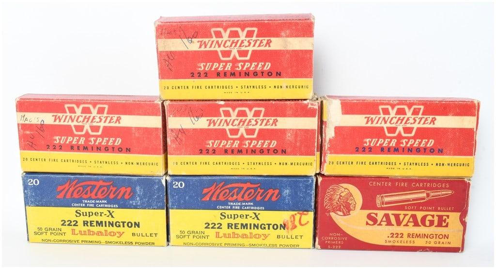 Winchester Western and Savage .222 Remington Ammunition: This lot consists of a collection of seven boxes of .222 Remington centerfire ammunition from Winchester, Western, and Savage, containing 47 live rounds and 60 empty brass casings. The group includes 