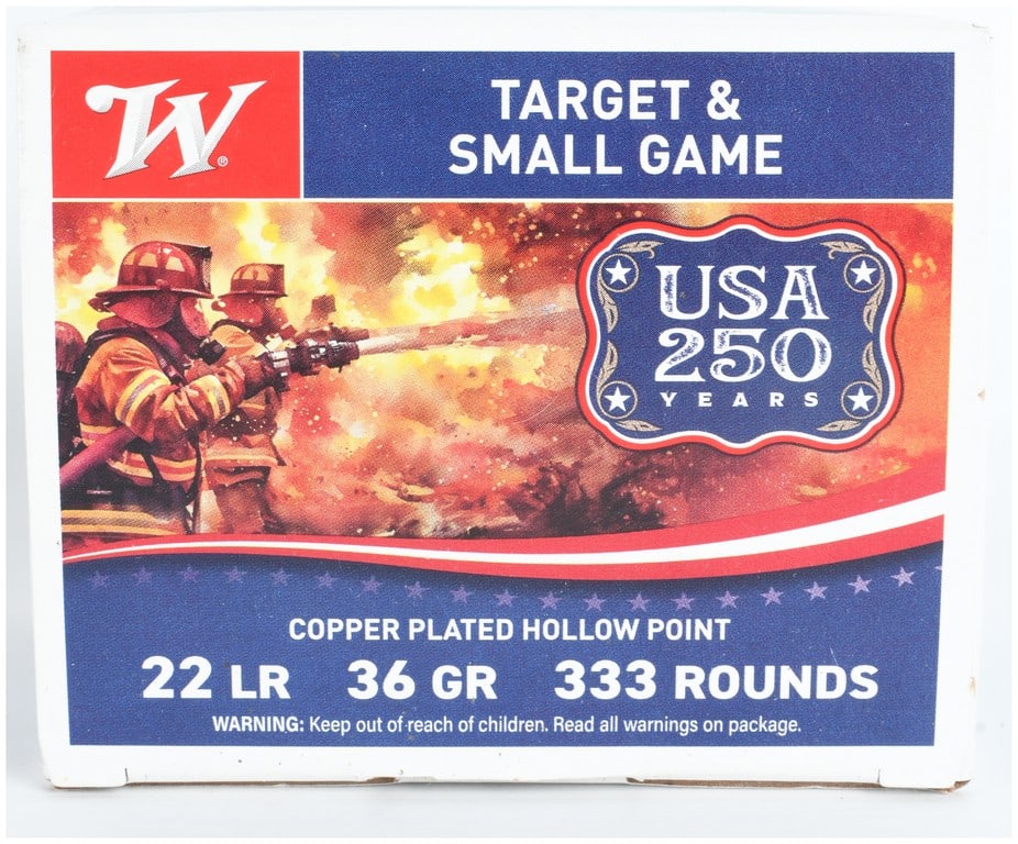 Winchester USA 250 Years Limited Series 5 of 9 A Lot of 333 Rounds of Ammunition .22 LR: A lot of 333 rounds of Winchester .22 Long Rifle ammunition featuring 36-grain copper-plated hollow point (CPHP) bullets. This lot is part of the Winchester USA 250 Years Limited Series, specifically 