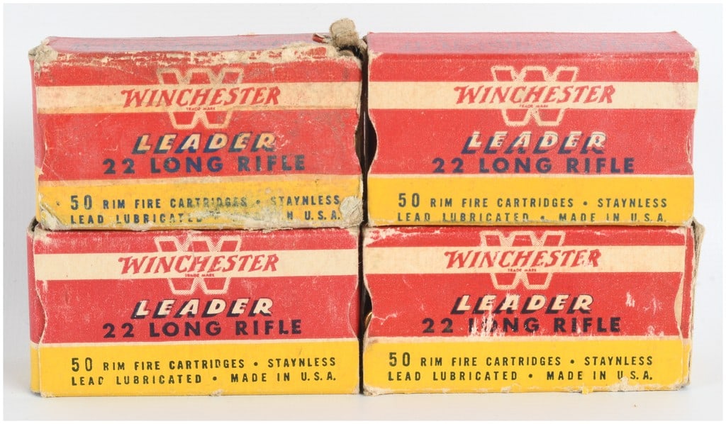A Lot of 192 Rounds of Winchester Leader .22 Long Rifle Ammunition: This lot comprises 192 rounds of vintage Winchester Leader .22 Long Rifle ammunition, distributed across four original two-piece style cardboard boxes. Each box originally contained 50 rimfire cartrid