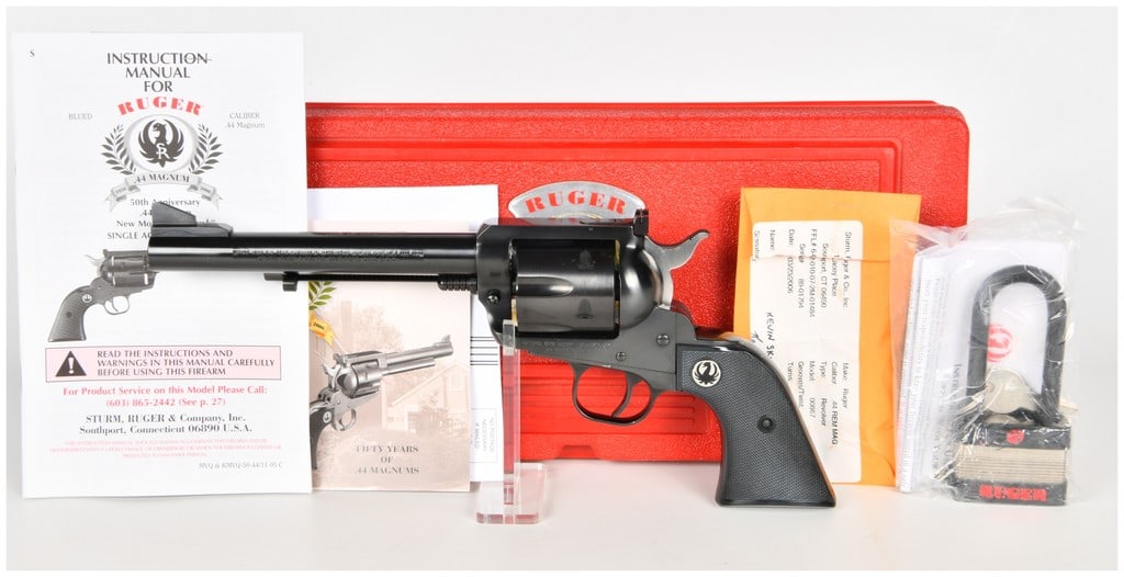 Ruger New Model Blackhawk 50th Anniversary Single Action Revolver .44 Magnum with 6.5 Inch Barrel: This lot features a Ruger New Model Blackhawk 50th Anniversary single action revolver chambered in .44 Magnum. The firearm is configured with a 6.5-inch barrel featuring a ramp front sight and a Micro