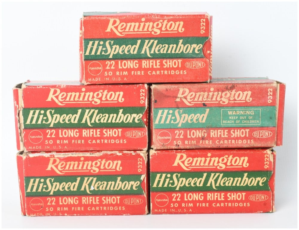 A Lot of 211 Rounds of Remington Hi-Speed Kleanbore .22 Long Rifle Shot Ammunition: This lot consists of 211 rounds of Remington .22 Long Rifle Shot ammunition, contained within five original cardboard boxes. The cartridges feature crimped noses characteristic of birdshot loads. Prom