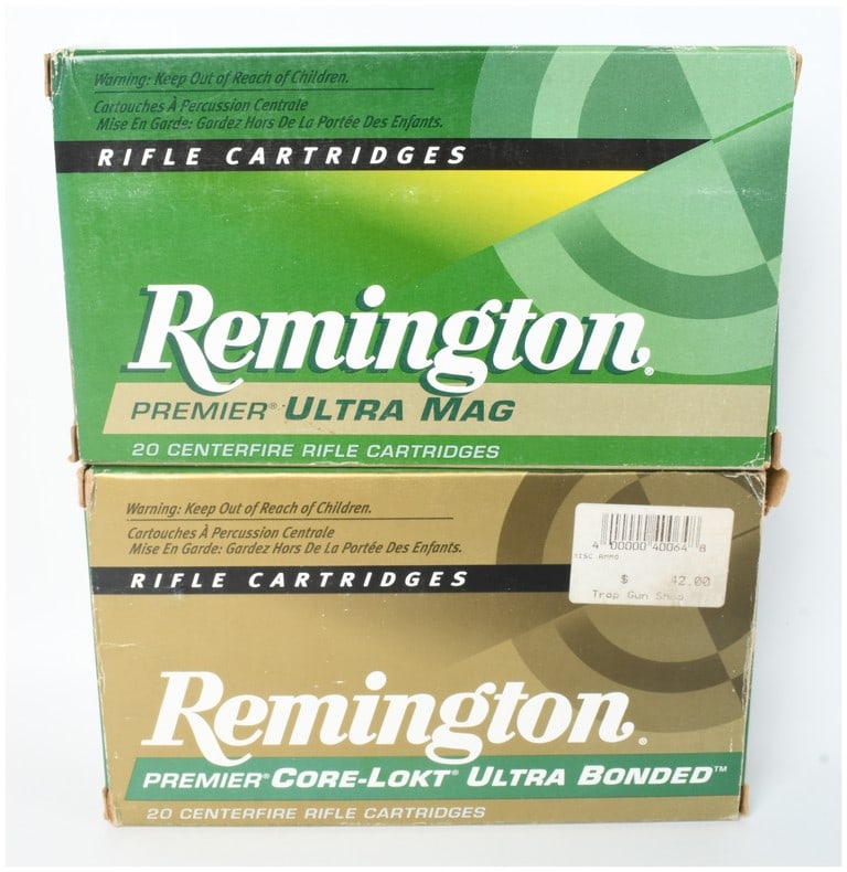 A Lot of 40 Remington Premier Core-Lokt Ultra Bonded 7mm Remington Ultra Mag Centerfire Rifle: This lot consists of forty rounds of Remington centerfire rifle ammunition in 7mm Remington Ultra Mag caliber. These cartridges are loaded with 140-grain Pointed Soft Point Core-Lokt Ultra Bonded bull
