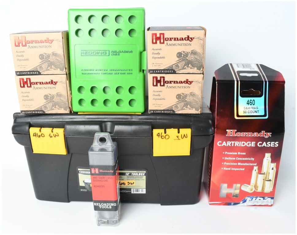 A Lot of 56 Rounds of Hornady .460 S&W Magnum Ammunition and Redding Reloading Tools: This comprehensive collection includes 56 rounds of Hornady Custom .460 S&W Magnum ammunition and 66 brass casings, all organized within a 12-inch Voyager black plastic toolbox. The ammunition is load