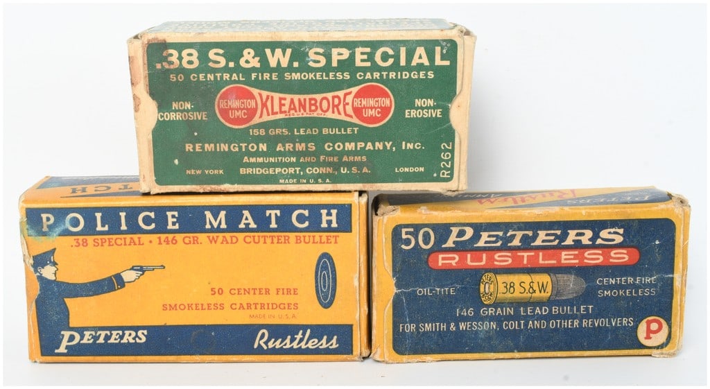 A Lot of 103 Rounds and 22 Empty Brass Casings of .38 Special and .38 S.&W. Ammunition: This collection features three vintage ammunition boxes containing a combined total of 103 rounds and 22 empty brass casings in .38 Special and .38 S.&W. calibers. The group consists of a green Reming