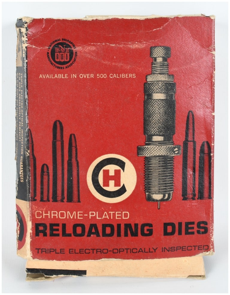 A Pair of C-H Chrome-Plated Reloading Dies .270 W.C.F.: This lot features a pair of vintage C-H brand chrome-plated reloading dies designed for .270 W.C.F. cartridges, accompanied by their original red and black cardboard box. The set includes one full-len