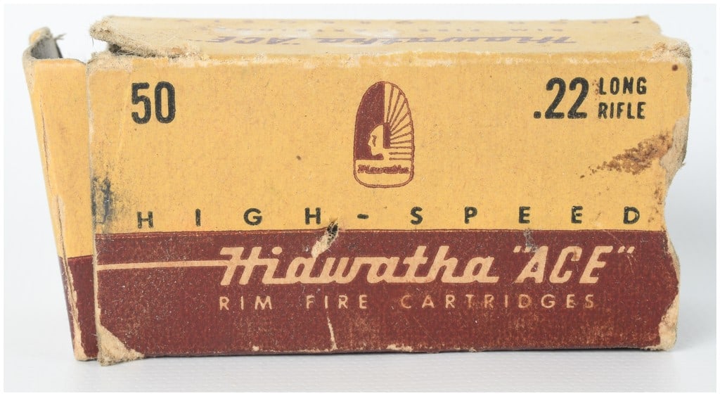 A Lot of 50 Hiawatha ACE Rimfire Ammunition .22 Long Rifle: This lot features a vintage box of 50 Hiawatha ACE .22 Long Rifle high-speed rimfire cartridges. The cartridges are comprised of lead round-nose bullets set in brass cases intended for use in standard