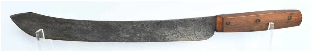 Vintage Full-Tang Steel Field Knife or Brush Machete: A single heavy-duty utilitarian field knife featuring full-tang construction. The tool consists of a curved steel blade and two wooden handle scales secured by three metal rivets. The rivets appear to