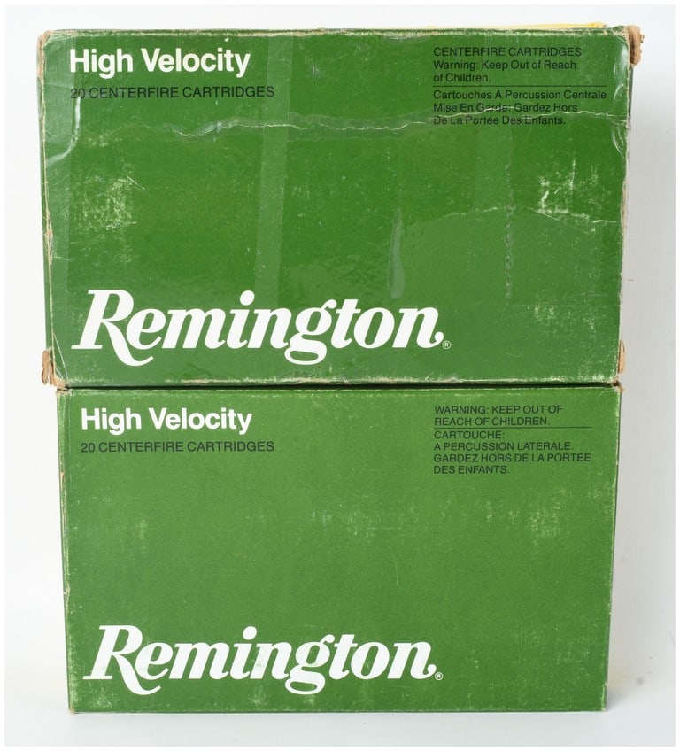 A Lot of 40 Rounds of Remington High Velocity Centerfire Ammunition 30-40 Krag: This lot consists of 40 rounds of Remington High Velocity .30-40 Krag centerfire ammunition. The cartridges are loaded with 180-grain Core-Lokt pointed soft point (PTD. SOFT PT.) bullets featuring a v