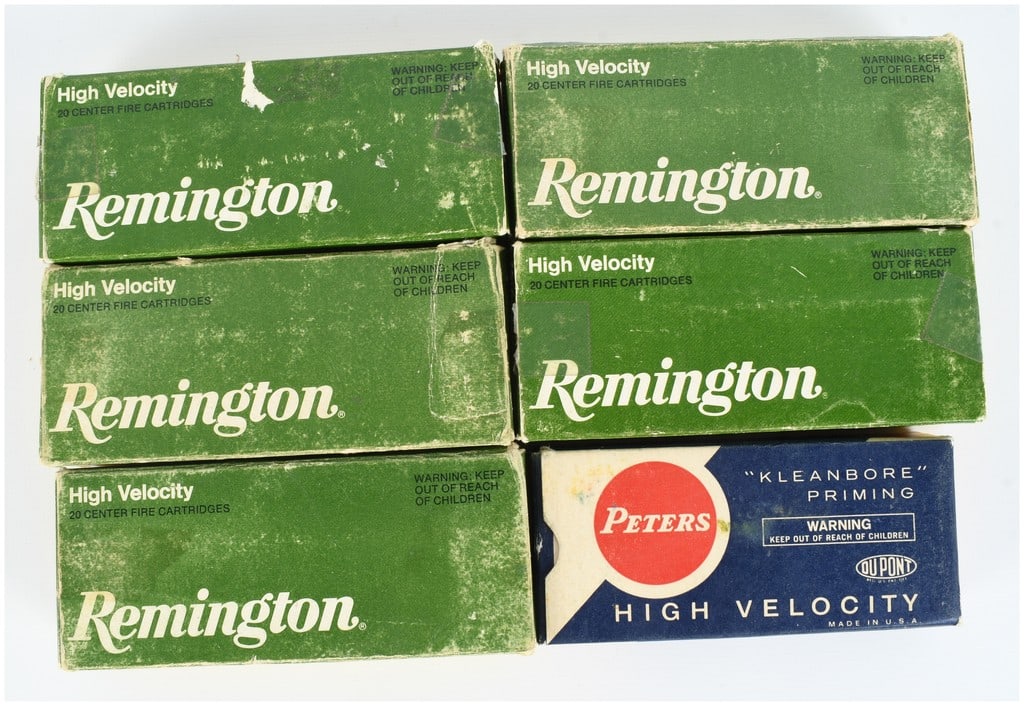 A Lot of 104 Remington and Peters .221 Remington Fireball Ammunition and Brass Casings: This lot comprises a collection of vintage centerfire ammunition components for the .221 Remington Fireball caliber, containing a total of 15 live rounds and 89 empty brass casings, some of which are 