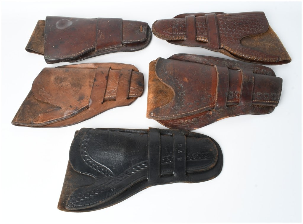 A Collection of 5 Double Loop Tooled Leather Single Action Revolver Holsters Antique (1 of 7)