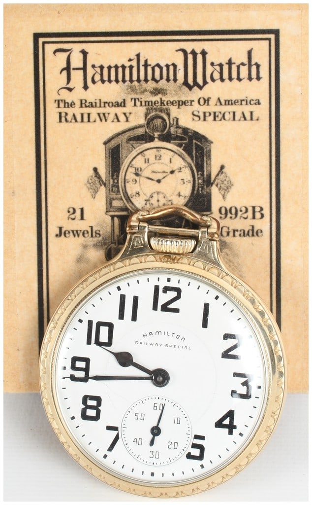 Hamilton Grade 992B Railway Special 21 Jewel Pocket Watch with Original Box: One Hamilton Watch Company Railway Special pocket watch, grade 992B, with its original cardboard storage box. The watch features a white dial with bold black Arabic numerals, a sub-seconds dial at the
