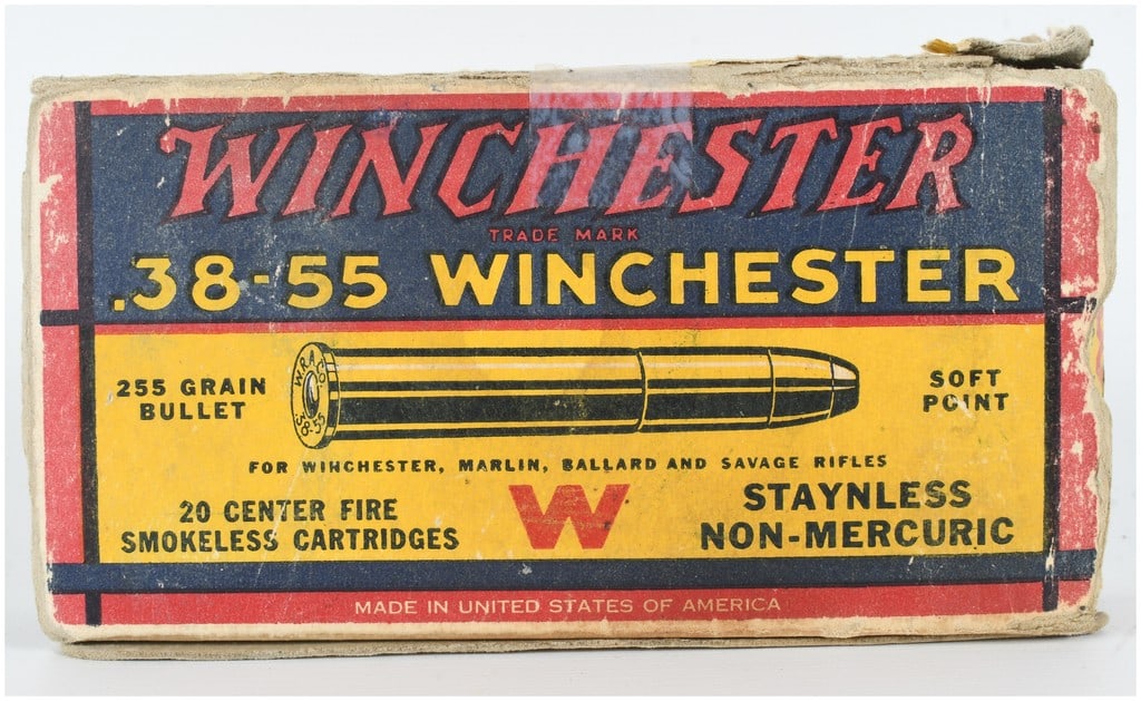 A Lot of 12 Winchester .38-55 Winchester Center Fire Smokeless Ammunition: This lot consists of 12 rounds of vintage Winchester .38-55 Winchester centerfire ammunition featuring 255-grain soft point bullets. Originally designed for use in Winchester, Marlin, Ballard, and Sav