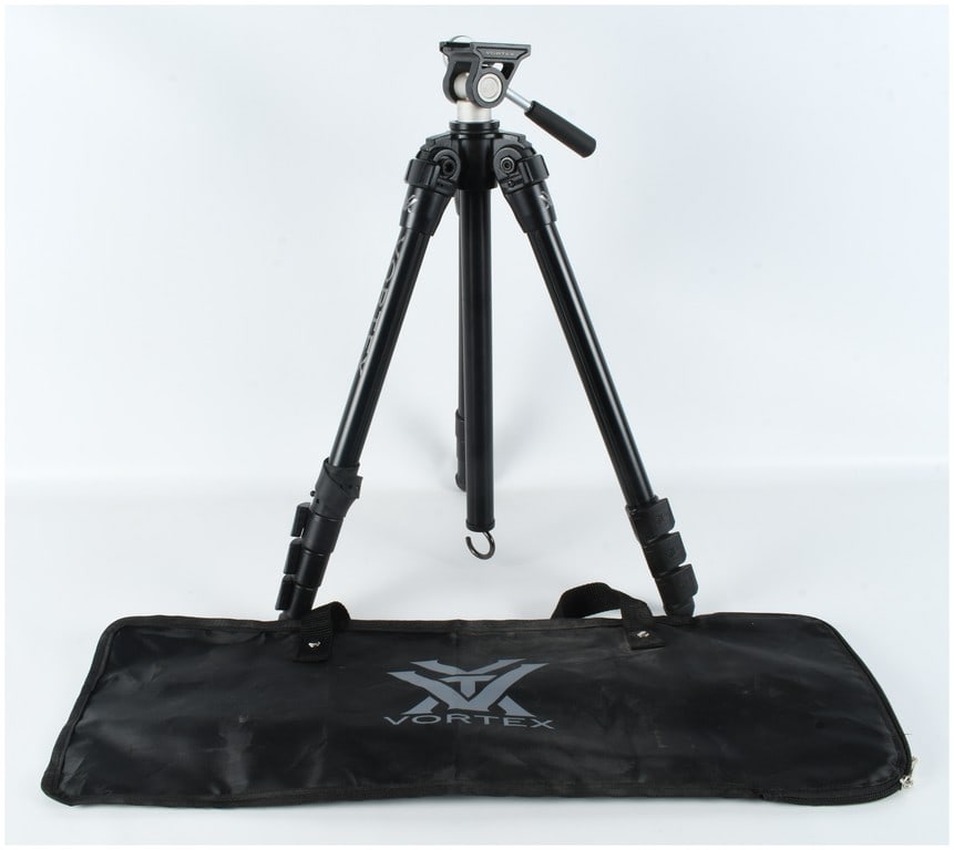 Vortex Mountain Pass Aluminum Tripod with 2-Way Pan Head and Carrying Case: A Vortex Mountain Pass tripod system designed for use with optics and cameras. The unit features black-finished aluminum alloy legs in a four-section telescoping configuration with three flip-lever lo