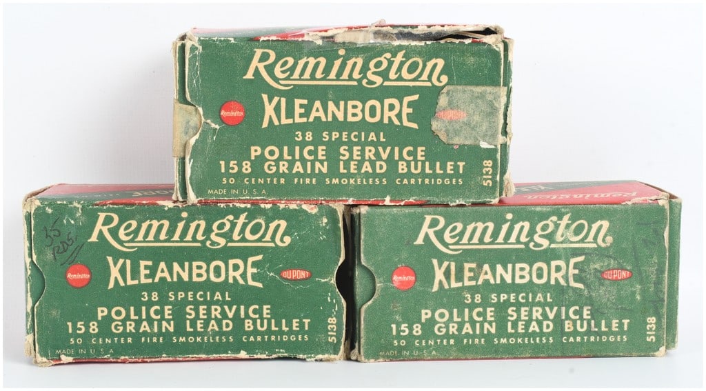 A Lot of 118 Rounds of Remington Kleanbore Police Service Ammunition .38 Special: This lot consists of a group of 118 rounds of Remington Kleanbore .38 Special Police Service ammunition divided among three original two-piece green cardboard boxes. The cartridges are loaded with 158