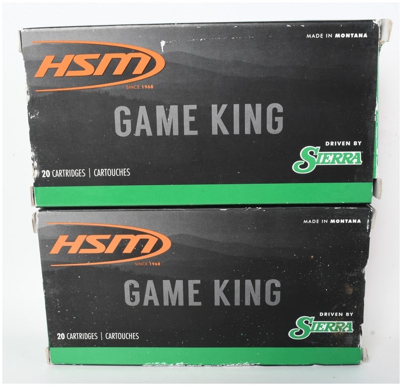 HSM Game King Rifle Ammunition .284 Winchester 40 Rounds: This lot consists of 40 rounds of HSM (Hunting Shack Munitions) Game King rifle ammunition chambered in .284 Winchester. These factory-loaded cartridges feature 160-grain Sierra GameKing Spitzer Boat 
