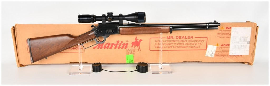 Marlin Model 1894 Lever Action Rifle .45 Colt with 20 Inch Barrel: This is a Marlin Model 1894 lever-action rifle chambered in the classic .45 Colt caliber, configured with a 20 inch barrel and a full-length tubular magazine. The rifle features a deep blued finish on