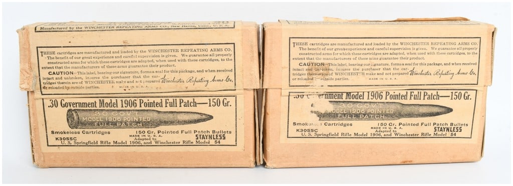 A Lot of 40 Winchester .30 Government Model 1906 Ammunition .30-06 Springfield: This lot consists of 40 rounds of vintage ammunition manufactured by the Winchester Repeating Arms Company of New Haven, Connecticut. The cartridges are chambered in .30 Government Model 1906, also kn
