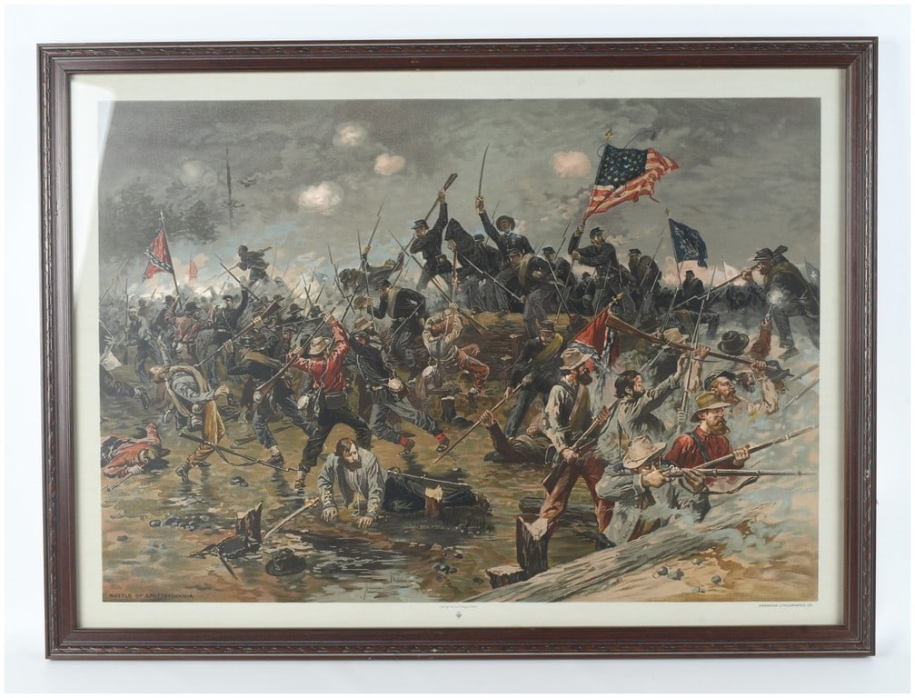 L. Prang and Co. Chromolithograph of the Battle of Spotsylvania 1887: This late 19th-century chromolithograph is titled Battle of Spotsylvania and depicts a chaotic scene from the American Civil War. The artwork portrays Union and Confederate forces engaged in intense h