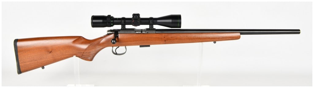 CZ 452-2E ZKM Bolt Action Rifle .17 HM2 with 22.5 Inch Barrel: This is a CZ Model 452-2E ZKM bolt action rimfire rifle chambered in .17 Hornady Mach 2. The firearm features a blued barrel measuring approximately 22.5 inches in length and a matte blued receiver. I