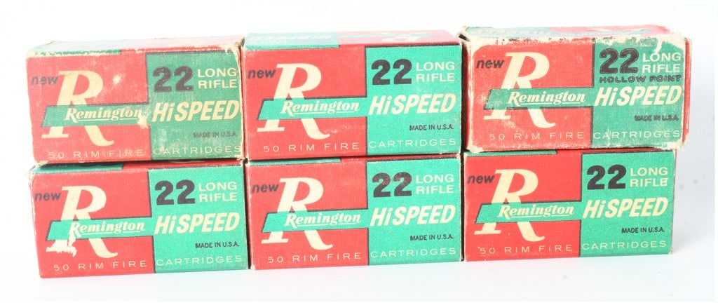 A Lot of 270 Rounds of Remington Hi-Speed Kleanbore .22 Long Rifle Ammunition: This lot comprises a collection of vintage Remington rimfire ammunition, totaling 270 rounds contained within six original cardboard boxes. The assembly includes five boxes of standard Remington Hi-Sp