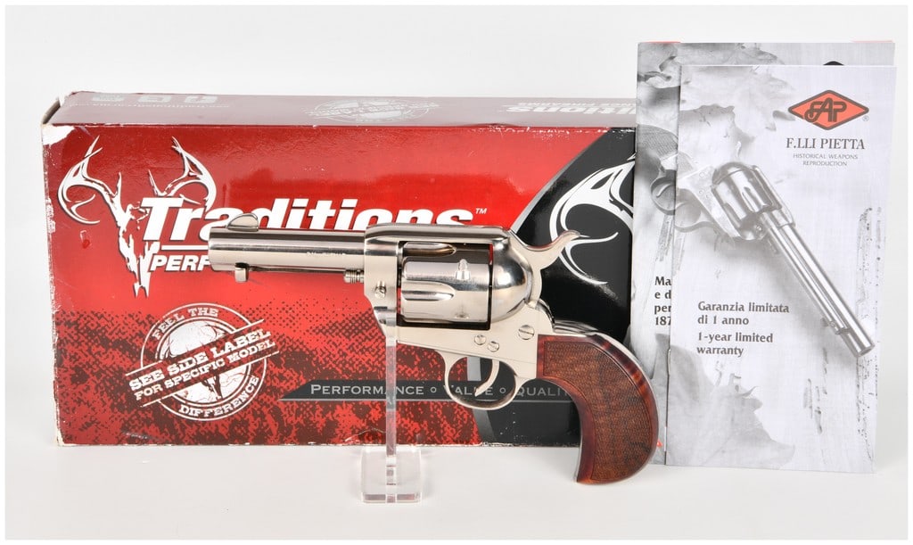 Pietta 1873 S.A. Frontier Single-Action Revolver .357 Magnum with 3.5 Inch Barrel: This Pietta 1873 S.A. Frontier is a single-action revolver chambered in .357 Magnum, imported and branded by Traditions Performance Firearms. It features a compact 3.5-inch barrel equipped with a fixe